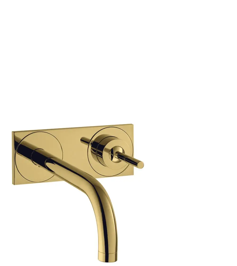 Wandmontierter Einhebel-Waschtischmischer in glänzendem Gold von AXOR mit rundem Auslauf und Bedienelement, einfach gestaltet.
